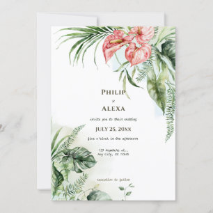 Tropical green leaves anthurium flowers wedding invitation