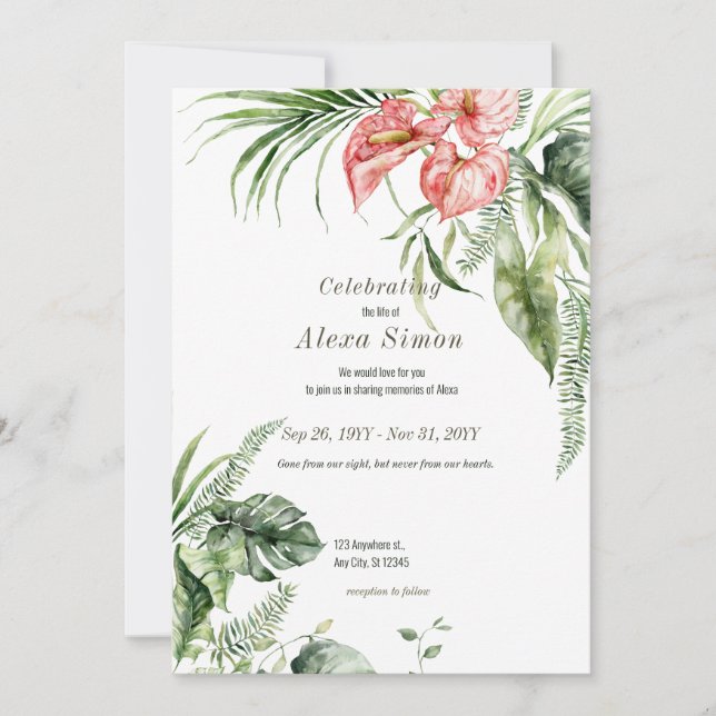 Tropical green leaves Anthurium Funeral Invitation (Front)