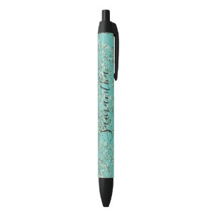 Tropical Green Leaves Glitter Personalised  Black Ink Pen