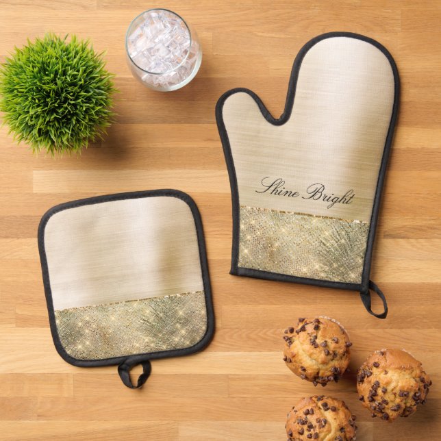 Tropical Green Leaves Gold Sparkle Oven Mitt & Pot Holder Set (Top Down)