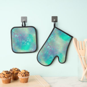 Tropical Green Leaves Gradient Illustration Oven Mitt & Pot Holder Set