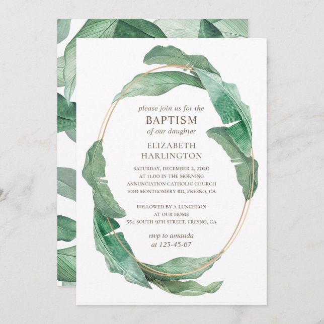 Tropical green leaves. Greenery botanical baptism Invitation (Front/Back)