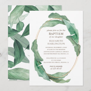Tropical green leaves. Greenery botanical baptism Invitation