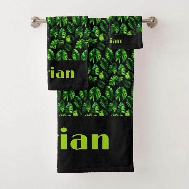 Tropical Green Leaves on Black Personalised Bath Towel Set (Insitu)