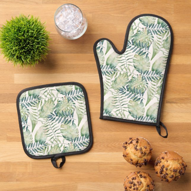 Tropical Green Leaves Oven Mitt & Pot Holder Set (Top Down)