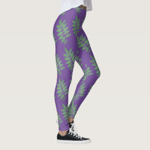 Tropical Green Leaves Pattern On Purple Leggings