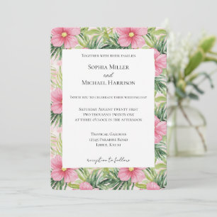Tropical Green Leaves Pink Floral Wedding Invitation