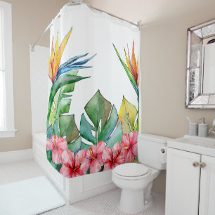 Tropical Green Leaves Pink Hibiscus Hawaii Shower Curtain