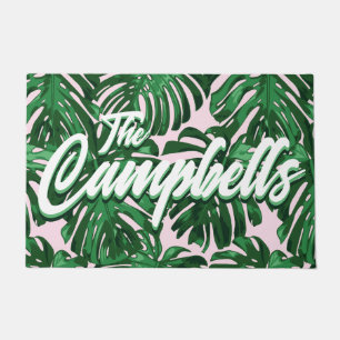Tropical Green Leaves Script Pink Name Doormat