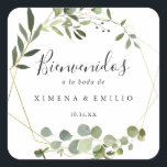Tropical Green Leaves Spanish Wedding Welcome Square Sticker<br><div class="desc">This tropical green leaves Spanish wedding welcome square sticker is perfect for a modern wedding. The design features hand-painted beautiful green leaves,  adorning a gold geometric frame.

These labels are perfect for hotel guest welcome bags and destination weddings.</div>
