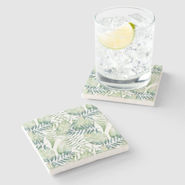 Tropical Green Leaves Stone Coaster (Side)