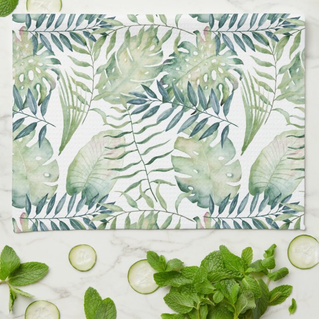 Tropical Green Leaves Tea Towel (Folded)