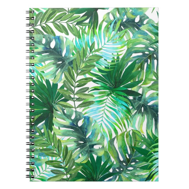 Tropical Green Leaves, Watercolor Seamless. Notebook (Front)