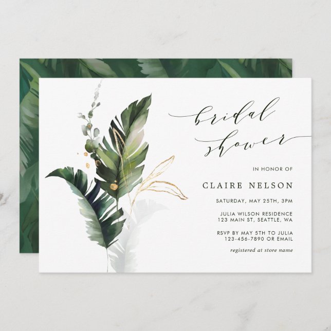 Tropical Green Leaves Wedding Bridal Shower Invitation (Front/Back)