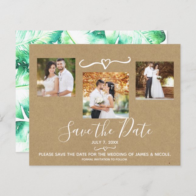Tropical Green Leaves Wedding Photo Save the Date (Front/Back)