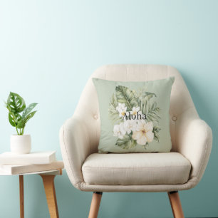 Tropical Green Leaves White Hibiscus Orchids Cushion