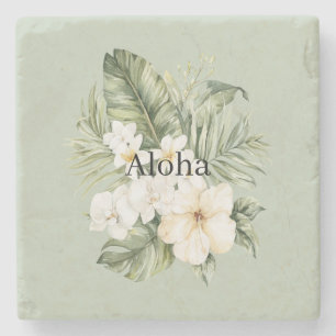 Tropical Green Leaves White Hibiscus Orchids Stone Coaster
