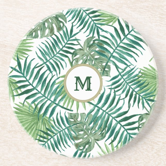 Tropical Green Leaves with Custom Monogram Coaster (Front)