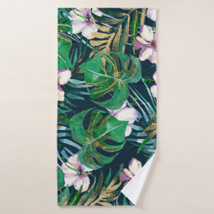 Tropical Green Lilac Gold Monster Leaves Floral Bath Towel