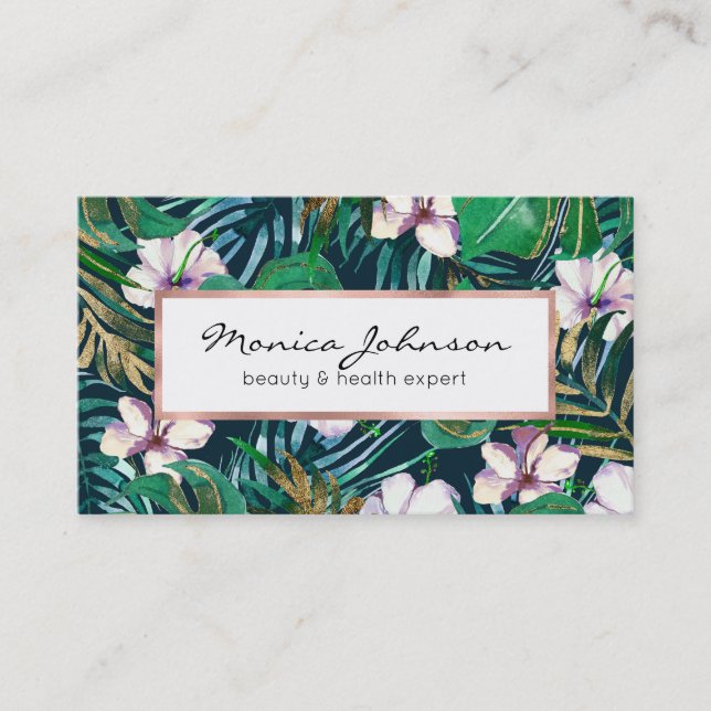 Tropical Green Lilac Gold Monster Leaves Floral Business Card (Front)