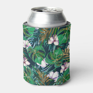 Tropical Green Lilac Gold Monster Leaves Floral Can Cooler