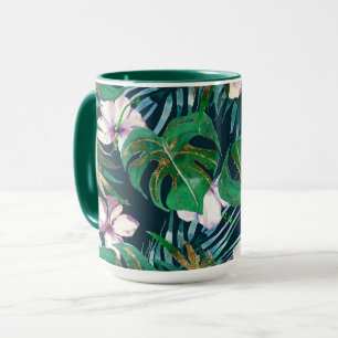 Tropical Green Lilac Gold Monster Leaves Floral Mug