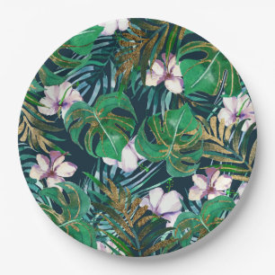 Tropical Green Lilac Gold Monster Leaves Floral Paper Plate