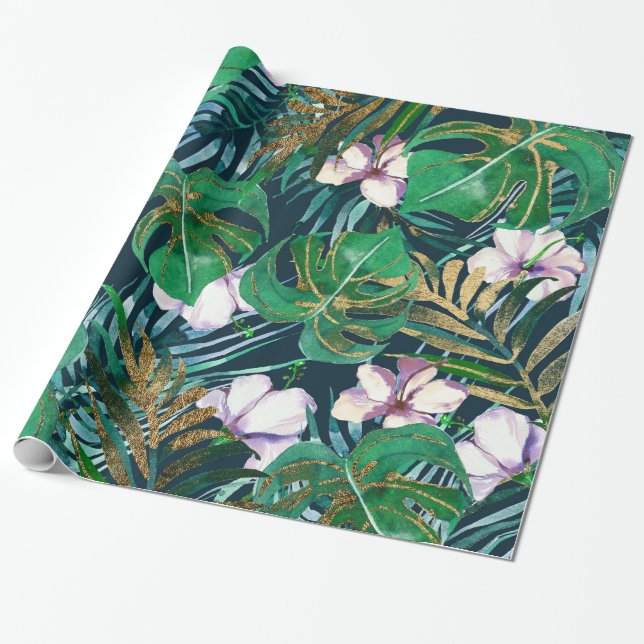 Tropical Green Lilac Gold Monster Leaves Floral Wrapping Paper (Unrolled)
