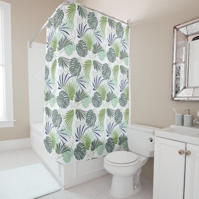 Tropical green modern palm leaf pattern shower curtain (In Situ)