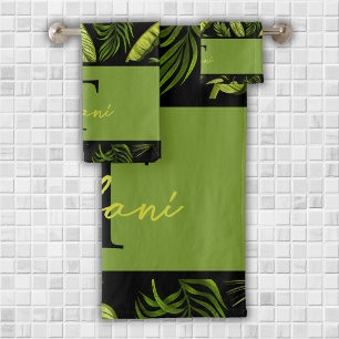 Tropical Green Monogram Botanical Editable Name Bath Towel Set