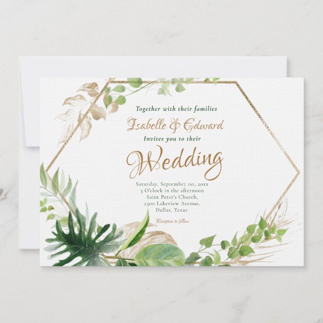 Tropical Green Monstera & Geometric Frame Wedding  Invitation (Front)