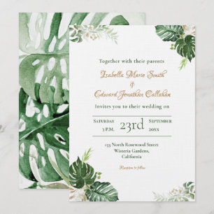 Tropical Green Monstera Leaves Watercolor Wedding Invitation