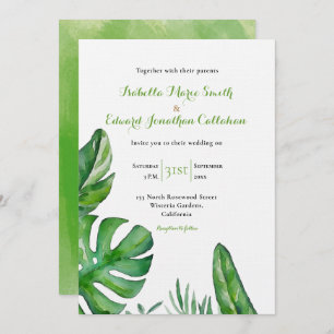 Tropical Green Monstera Leaves Watercolor Wedding  Invitation