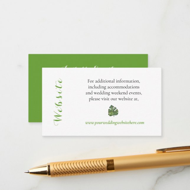 Tropical Green Monstera Leaves Wedding Website Enclosure Card (Front/Back In Situ)