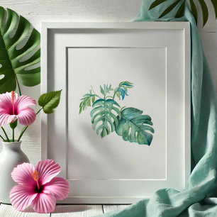 Tropical Green Monstera Palm Leaf Watercolor Poster