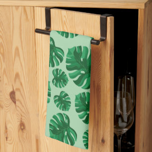 Tropical Green Monstera Palm Leaves Tea Towel