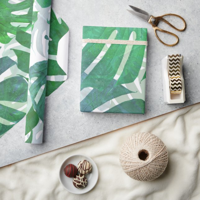 Tropical Green Monstera Palm Leaves Wrapping Paper (Crafts)