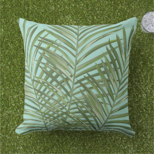 Tropical Green Palm Frond Aqua Pattern Cushion
