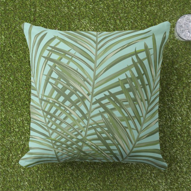 Tropical Green Palm Frond Aqua Pattern Cushion (Grass)