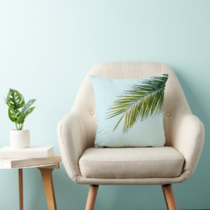 Tropical Green Palm Frond on Light Blue Cushion