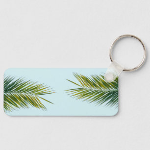 Tropical Green Palm Frond on Light Blue Key Ring