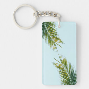 Tropical Green Palm Frond on Light Blue Key Ring