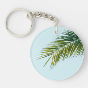 Tropical Green Palm Frond on Light Blue Key Ring