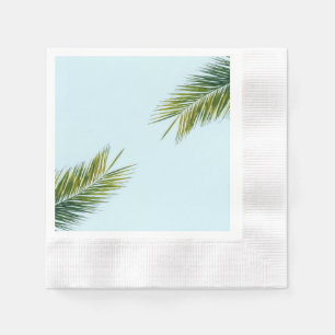 Tropical Green Palm Frond on Light Blue Napkin