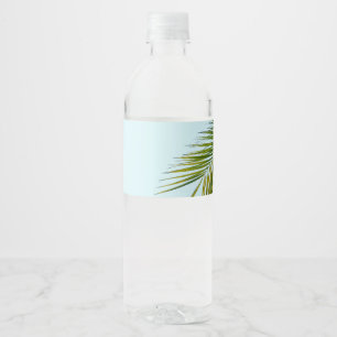 Tropical Green Palm Frond on Light Blue Water Bottle Label