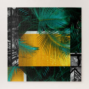 Tropical Green Palm Frond Yellow Rectangle Pattern Jigsaw Puzzle