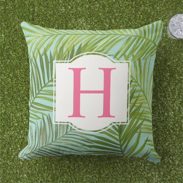 Tropical Green Palm Leaf Aqua Monogram Initial Cushion (Grass)