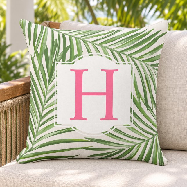 Tropical Green Palm Leaf Beige Monogram Initial Cushion (Creator Uploaded)