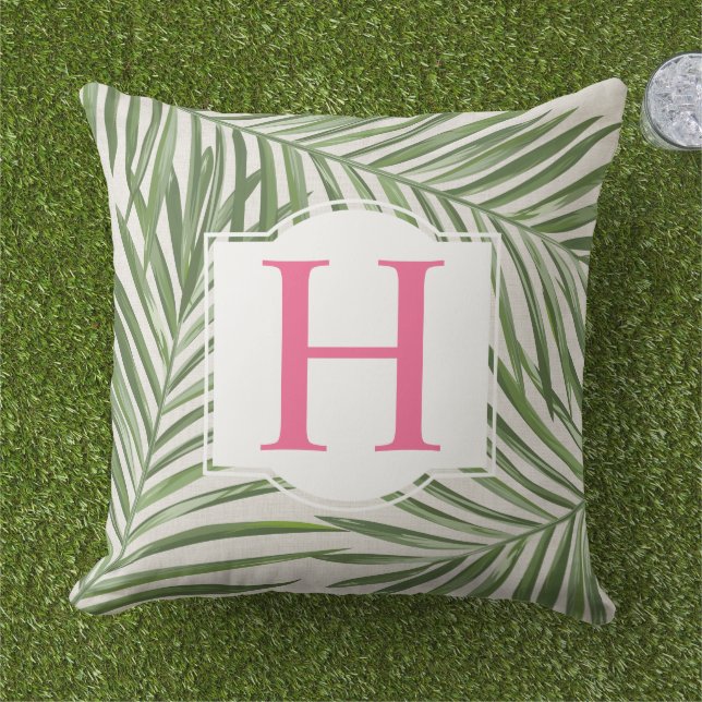 Tropical Green Palm Leaf Beige Monogram Initial Cushion (Grass)