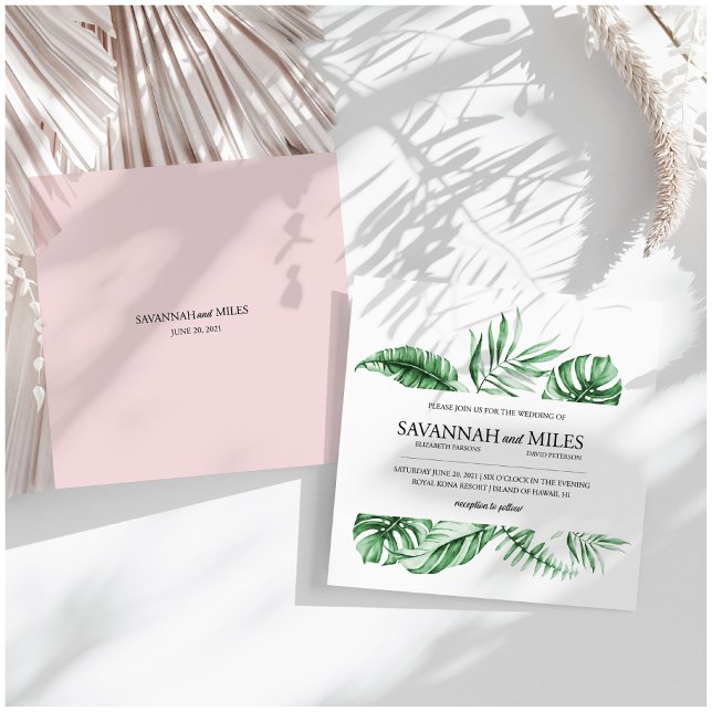 Tropical Green Palm Leaf Border Wedding Invitation (Creator Uploaded)